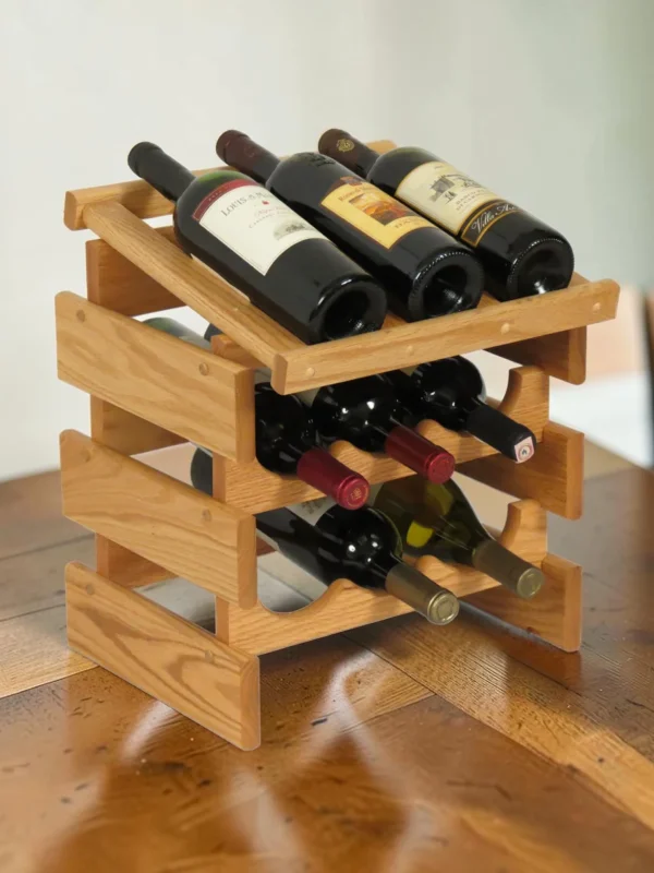 Shelvino Solid Oak 9-Bottle Stackable Wine Rack - Modular Countertop Display, Natural Wood Finish, 14" W x 10.75" D x 9.875" H