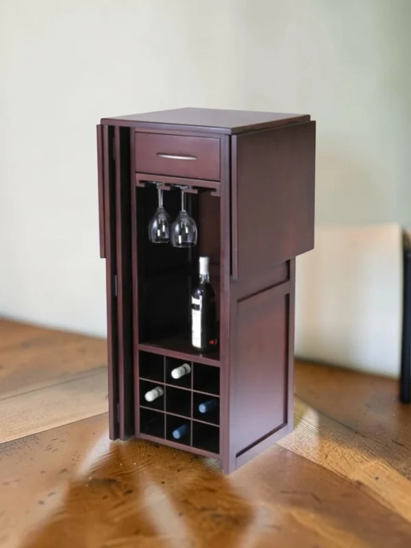 Compact Primo Wine Bar with Expandable Countertop, Walnut Finish, Space-Saving Foldable Server, 50-inch Width