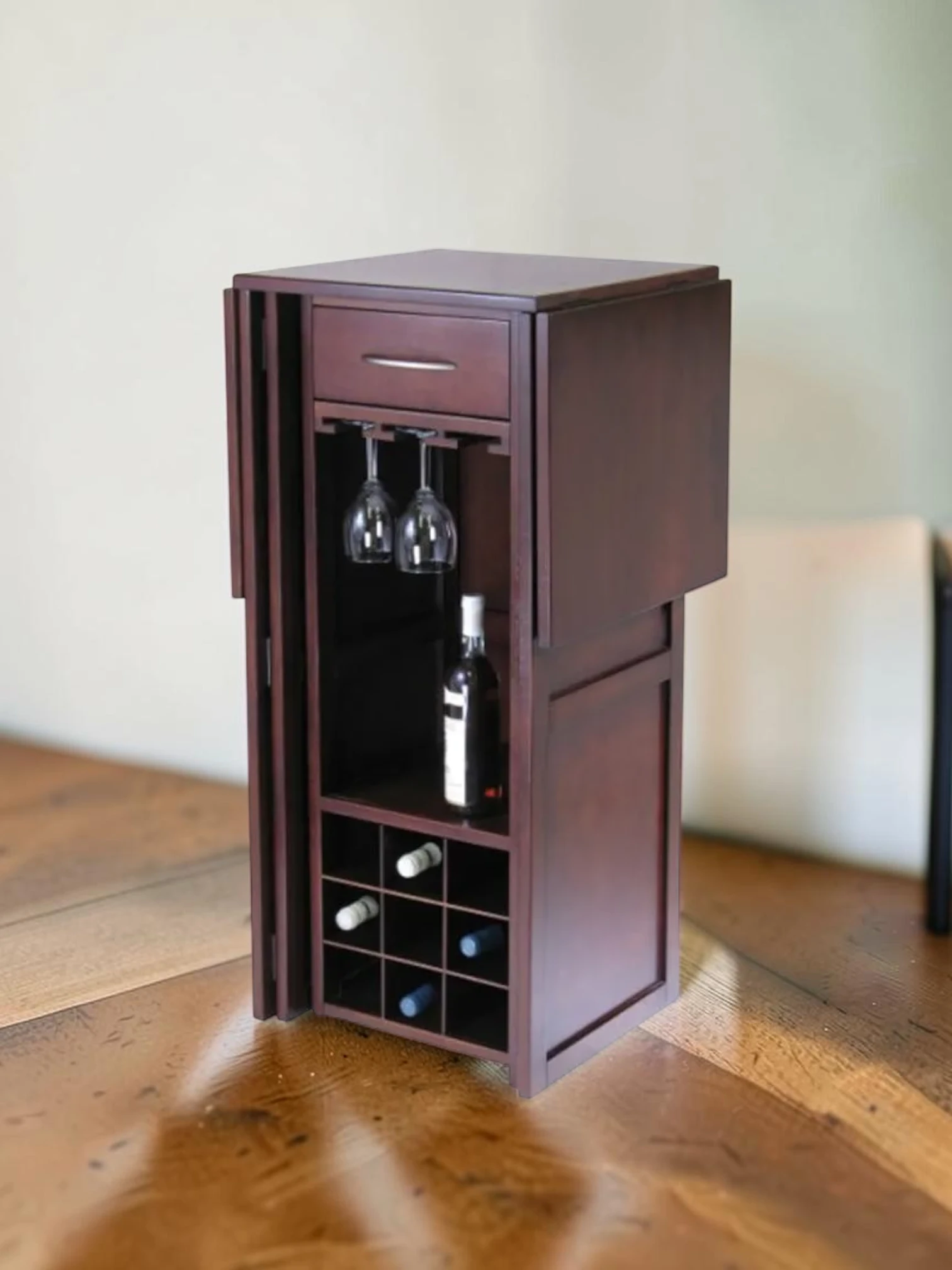 Compact Primo Wine Bar with Expandable Countertop, Walnut Finish, Space-Saving Foldable Server, 50-inch Width