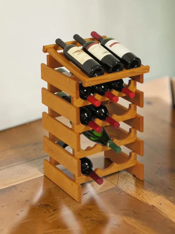 Shelvino 15-Bottle Stackable Wine Rack, Solid Oak Modular Display Stand, Natural Finish