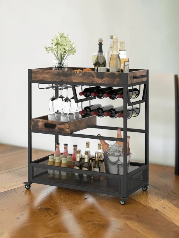 Shelvino 3-Tier Industrial Buffet Serving Cart, Rolling Bar Cart with Wine Rack and Removable Tray
