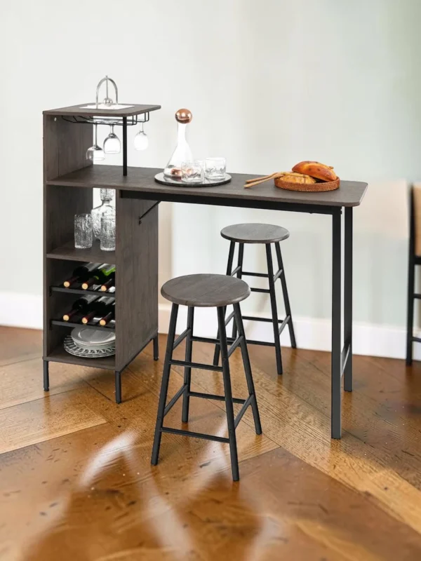 Shelvino 3-Piece Bar Table and Chairs Set with Wine Rack, Industrial Pub Dining Set for Small Spaces, Compact Kitchen Breakfast Table