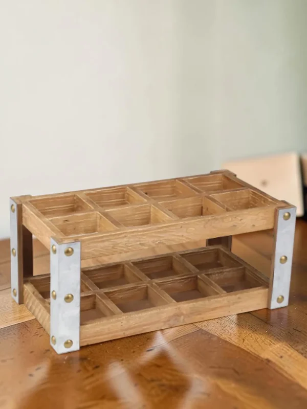 Rectangular 8-Bottle Wine Rack, Wood and Metal Countertop Storage, Brown and Silver, 10 x 19 x 8 Inches