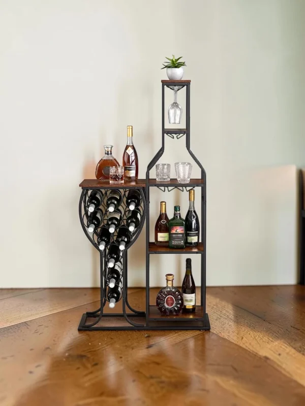 Shelvino 11-Bottle Wine Bakers Rack, 5-Tier Freestanding Wine Storage Shelves with Glass Holder, Rustic Brown Metal and Wood Bar Stand