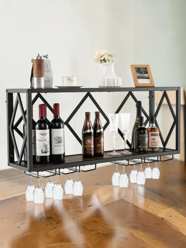 Shelvino Wall Mounted Wine Rack, Industrial Metal and Wood Wine Storage for 39 Bottles and 12 Glasses