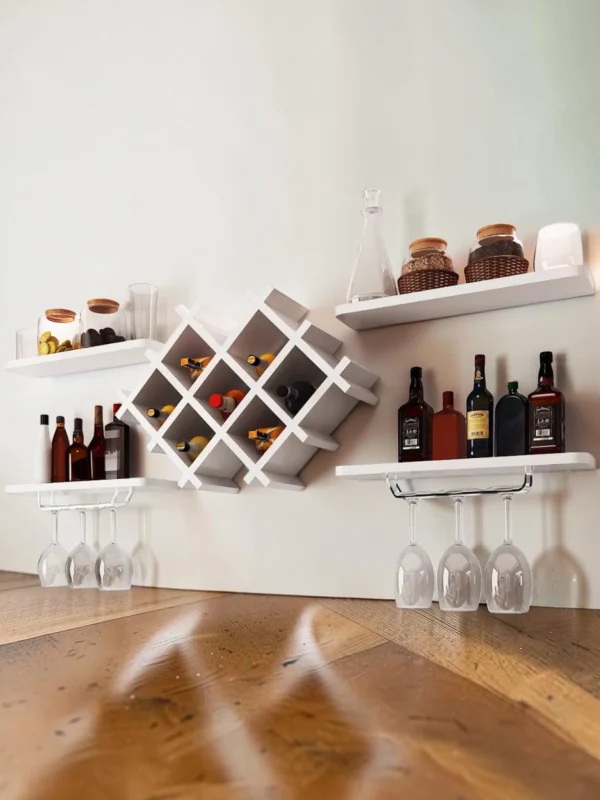 Shelvino Wall Mounted Wine Rack and Floating Shelves Set, Modern White MDF Storage Organizer for Kitchen and Bar, 51.5cm Width