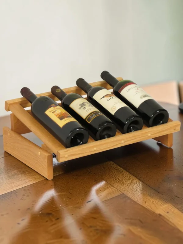Solid Oak 4 Bottle Wine Rack, Stackable Modular Countertop Storage, 17.75" W