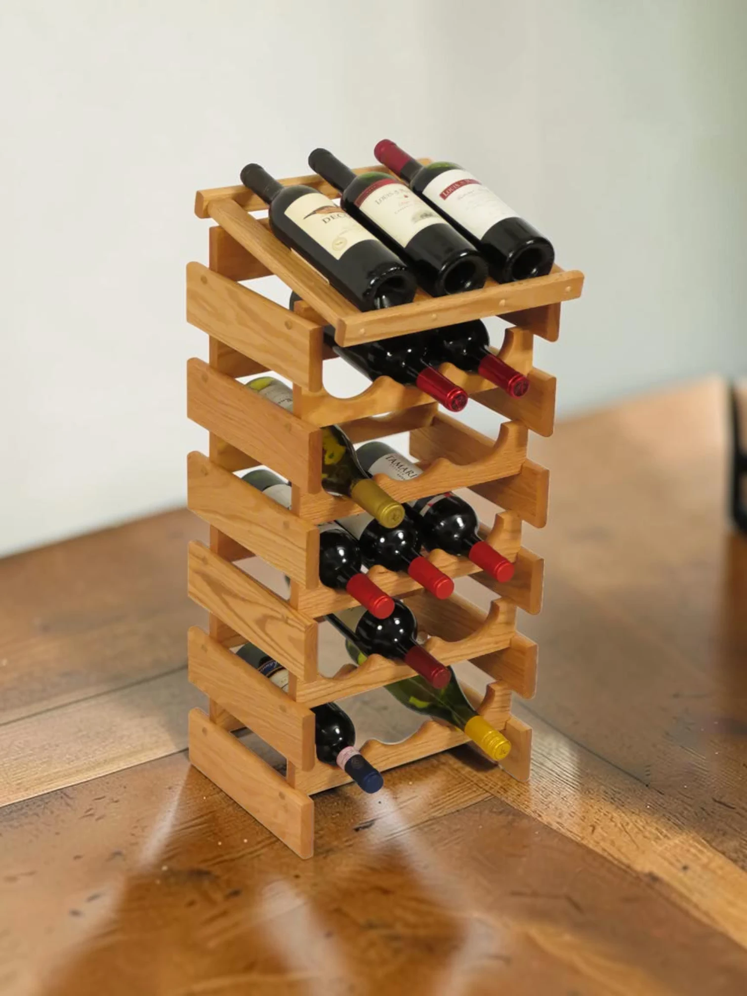 Shelvino 18-Bottle Modular Stackable Wine Rack, Solid Oak Wood Storage Organizer with Display Top