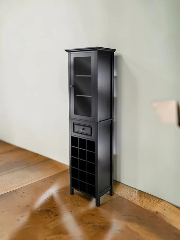 Shelvino Burgundy Wine Cabinet, 15-Bottle Storage Tower with Glass Display Door and Drawer, Black Composite Wood, 18.1"W x 12.9"D x 66.8"H