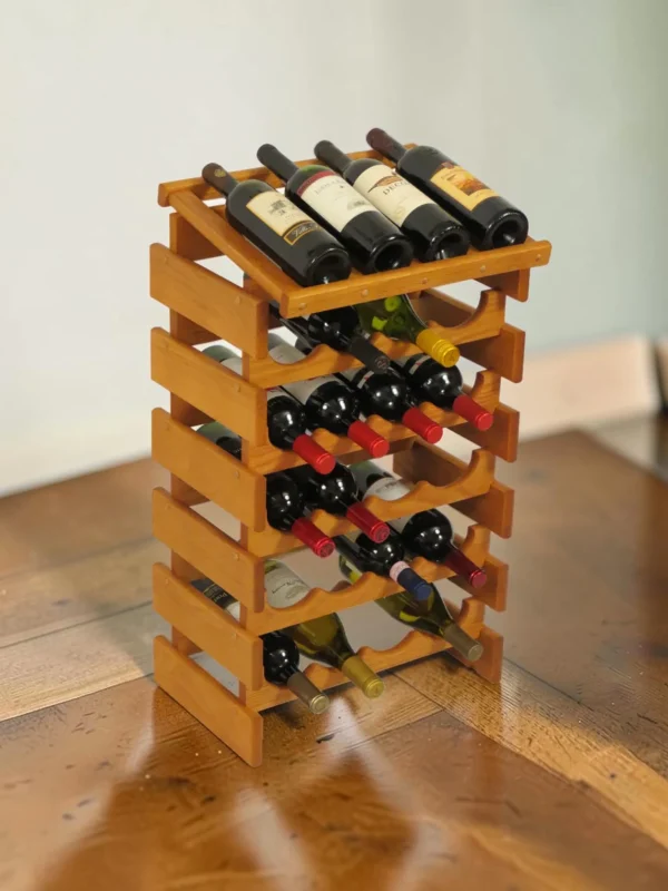 Shelvino 24 Bottle Stackable Wine Rack, Solid Oak Wood Modular Display Stand, 17.6" W x 30.25" H