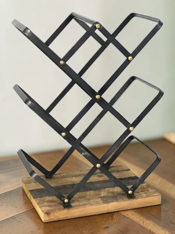 Shelvino Industrial Wine Rack, Criss Cross Metal and Wood Countertop Bottle Holder, 8-Bottle Capacity
