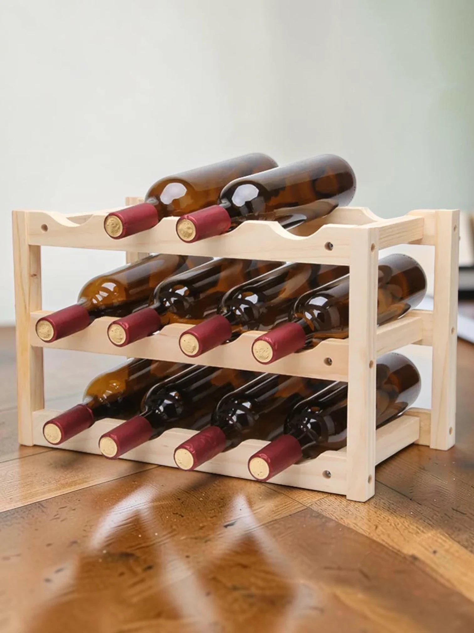 Shelvino 12-Bottle Wine Rack, Solid Wood Stackable Display Shelf, European Style, 46x24x28cm