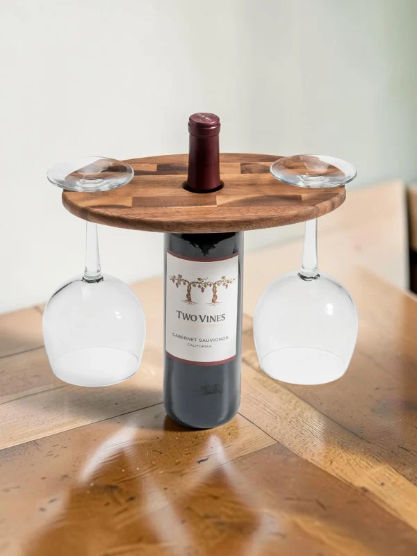 Shelvino Acacia Wood Wine Bottle and Glass Caddy, Handcrafted Solid Hardwood Serving Rack for 2 Stemmed Glasses