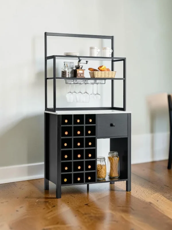 Shelvino Kitchen Baker's Rack with Wine Storage, Freestanding Microwave Stand and Glass Holder, Industrial Wood and Metal
