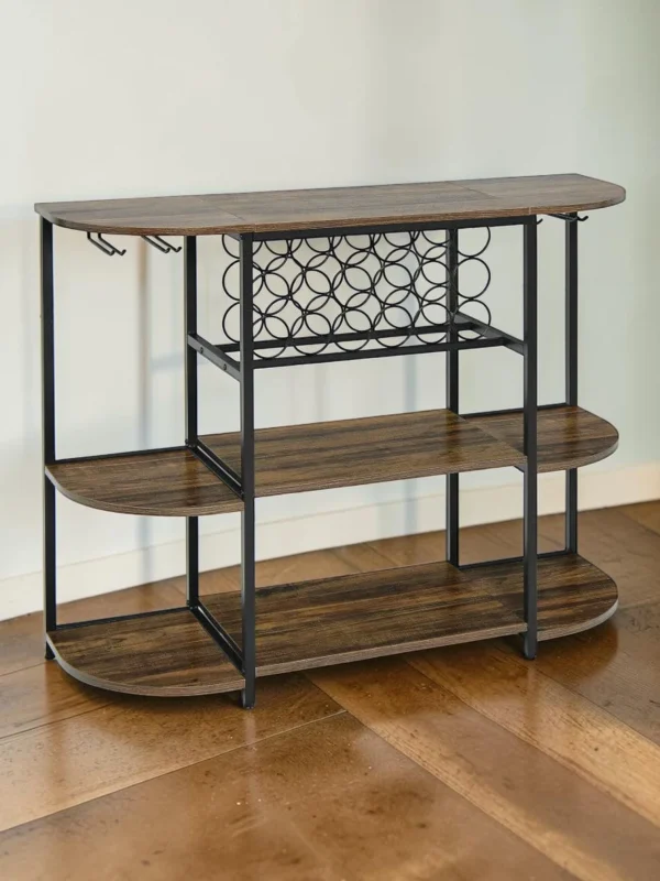 Shelvino 47-Inch Wine Rack Table, Industrial Wine Bar Cabinet with Glass Holder and Storage Shelves