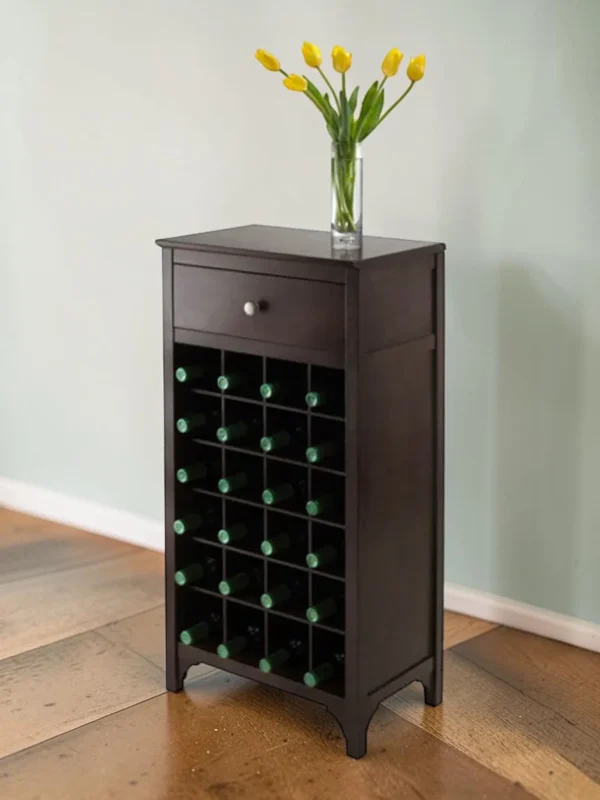 Shelvino Modular Wine Cabinet, 24-Bottle Storage with Drawer, Solid and Composite Wood, Dark Espresso Finish, 19W x 13D x 38H