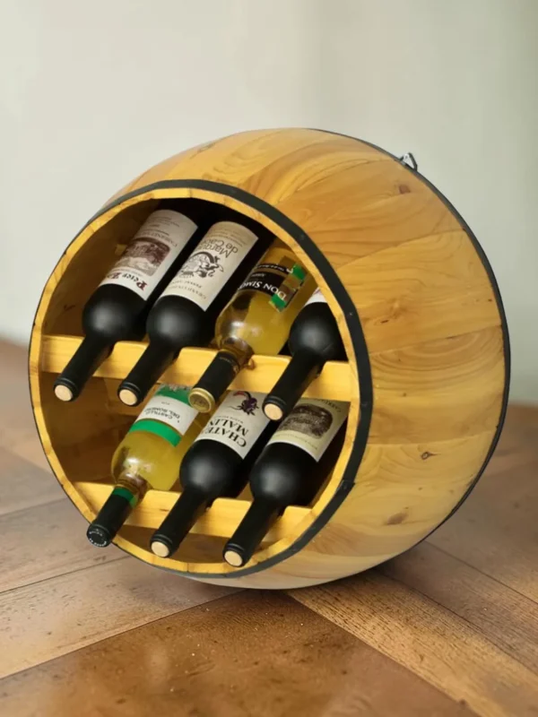 Shelvino Hanging Wine Rack Drum, Rustic Fir Wood Wall Mounted Display, 19.25 Inch Diameter
