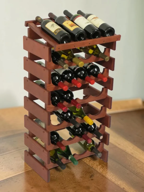 Solid Oak 28-Bottle Modular Wine Rack, Stackable Display Stand for Countertop or Cellar, 17.75" W x 35" H