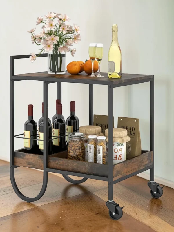 Shelvino Rolling Buffet Serving Cart, Industrial Bar Cart with Removable Wine Rack, 3-Tier Kitchen Storage Organizer with Locking Casters