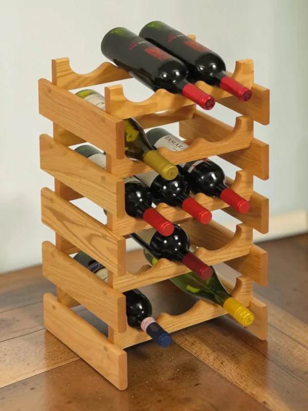 Solid Oak 15-Bottle Modular Wine Rack - Stackable Wood Display Stand, 14" W x 23.75" H
