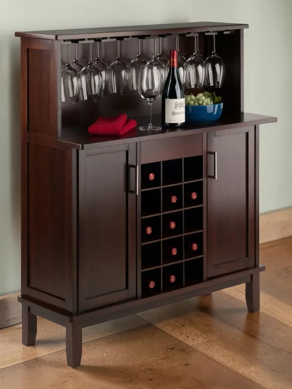 Shelvino 15-Bottle Wine Bar Cabinet, Cappuccino Finish Wood Buffet with Stemware Rack and Storage Drawers