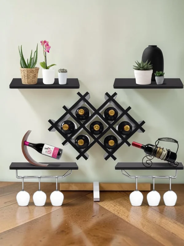 Shelvino Wall Mounted Wine Rack Set of 5, Wooden Floating Wine Shelves with Glass Holder, Sturdy Hanging Wine Storage Display for Kitchen Home Bar, Black