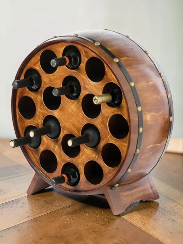 Shelvino Wooden Round Wine Barrel Rack, Fir Wood Stackable Wine Storage for 18 Bottles, 23.25" W x 24" H