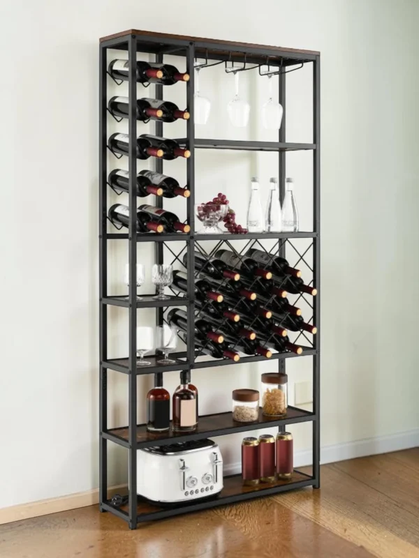 Shelvino Industrial Floor Wine Rack with 3-Row Stemware Holder, Metal & Wood Storage Shelving for Home Bar