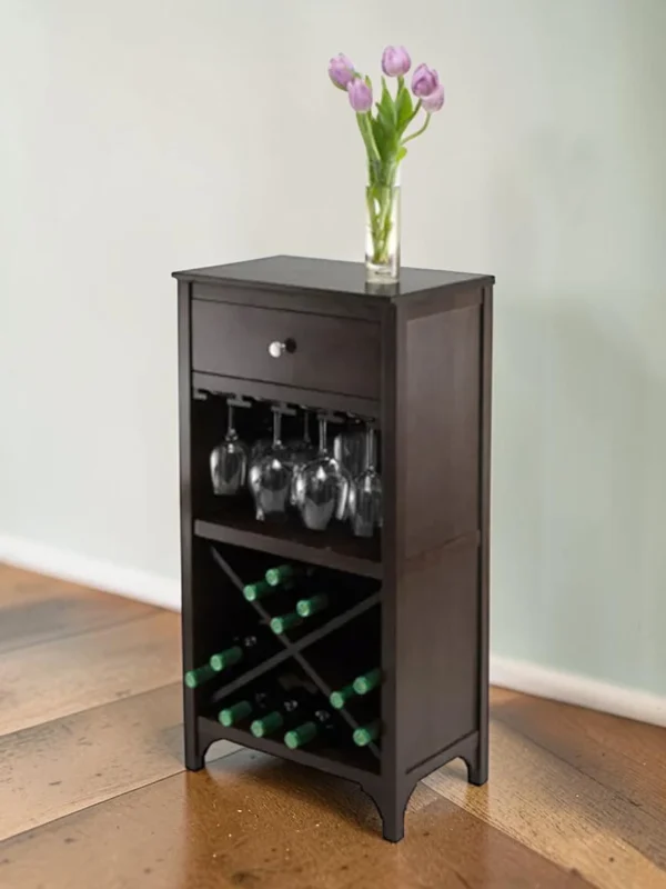Ancona Modular Wine Cabinet, Espresso Wood Storage Unit with Drawer and Glass Rack, 19W x 13D x 38H