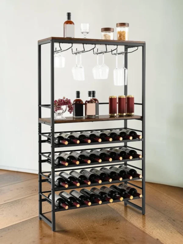 Shelvino Freestanding Wine Bakers Rack, Industrial Metal and Wood Wine Storage Stand with 4-Tier Shelves and Stemware Holders